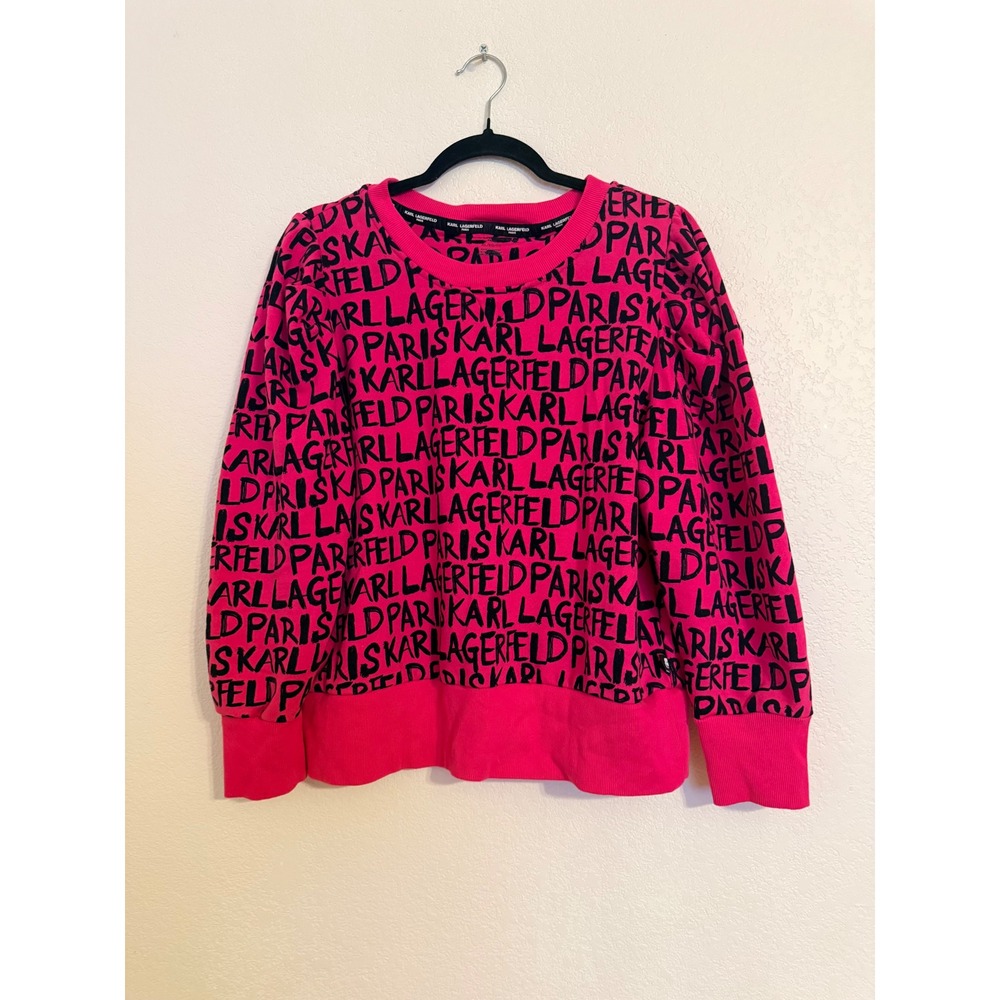 Karl Lagerfeld Paris Womens XL Hot Pink Black Logo Graffiti Crewneck Sweatshirt